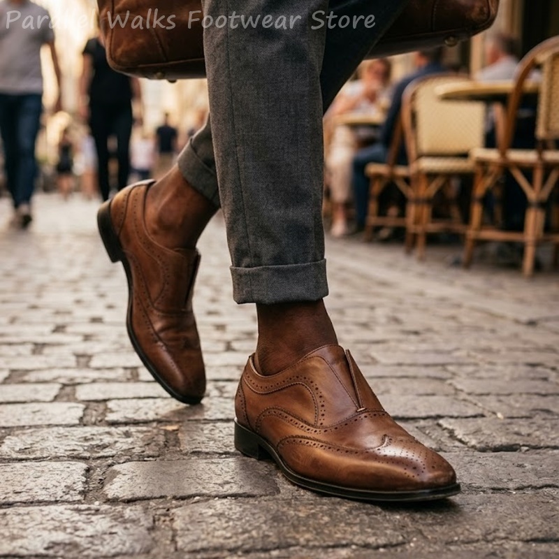 Oxford Shoes Brogue - Mens Brown Leather Brogue Shoes Slip